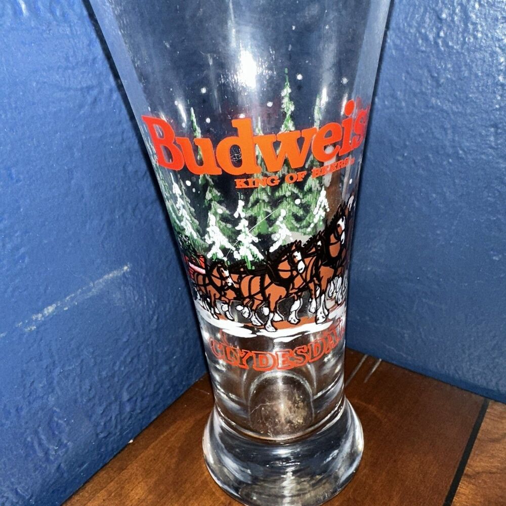 Vintage 1989 BUDWEISER Clydesdales Pilsner Draught Beer Glass Winter Scene